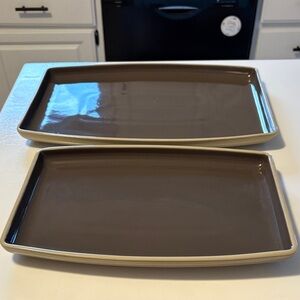 Pampered Chef Brown and Cream Rectangular Serving Platters - Set of 2